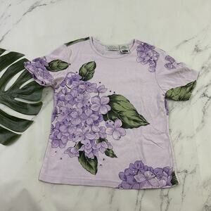Basic Editions Womens Vintage Y2k Rhinestone Tee Size S Purple Hydrangea Floral